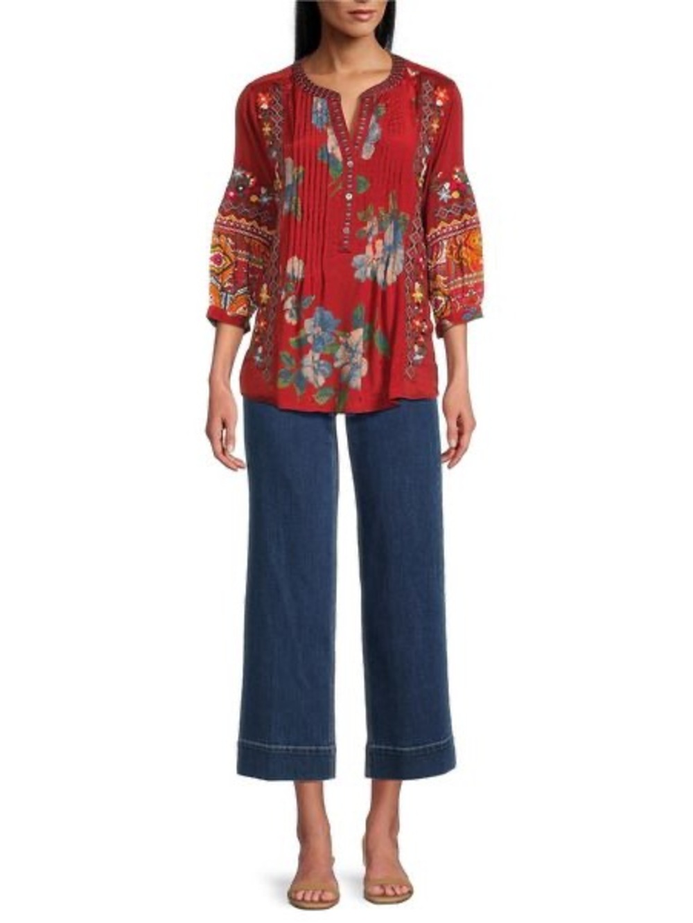 John Mark Embroidered Multi Patch Boho Tunic Blouse Dark Spice L - Picture 15 of 15